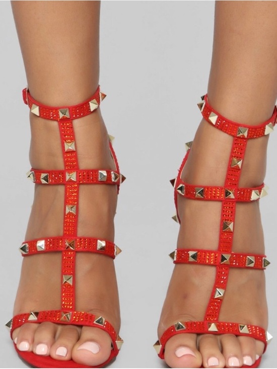 Fashion Nova Shoes - Fashion Nova Red Crystal Pyramid Stud T-Strap Heels
